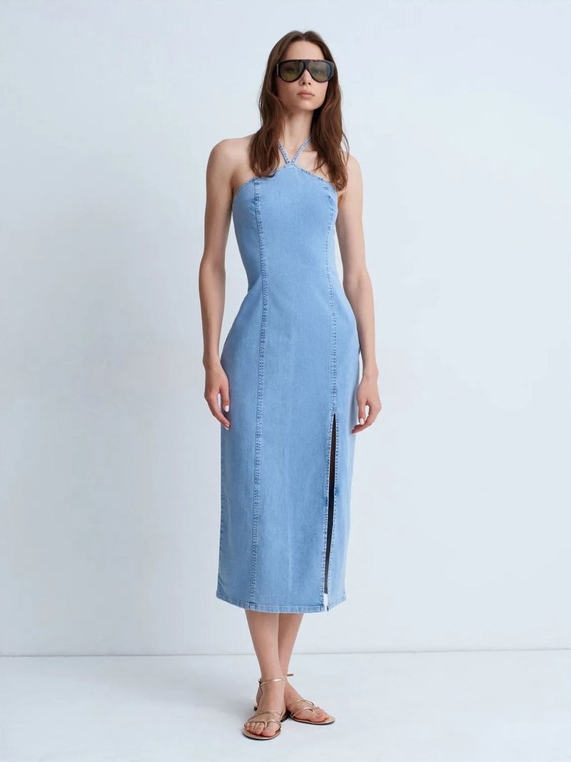 DILVIN Halter Neck Midi Denim Dress - Image 1