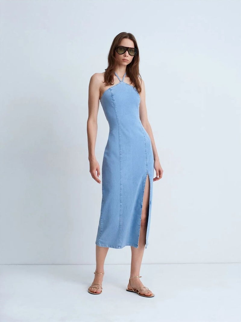 DILVIN Halter Neck Midi Denim Dress - Image 4