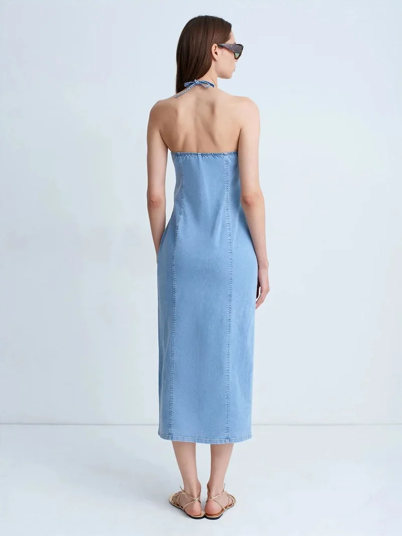 Dilvin Dilvin Halter Neck Midi Denim Dress