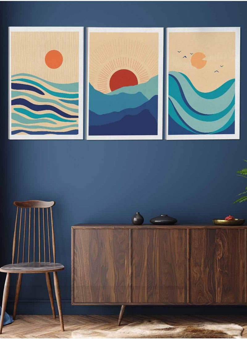 LOWHA Set Of 3 Framed Canvas Wall Arts Stretched Over Wooden Frame Sea Mountain Sun Bird Abstract Paintings For Home Living Room Office Decor  - Image 2