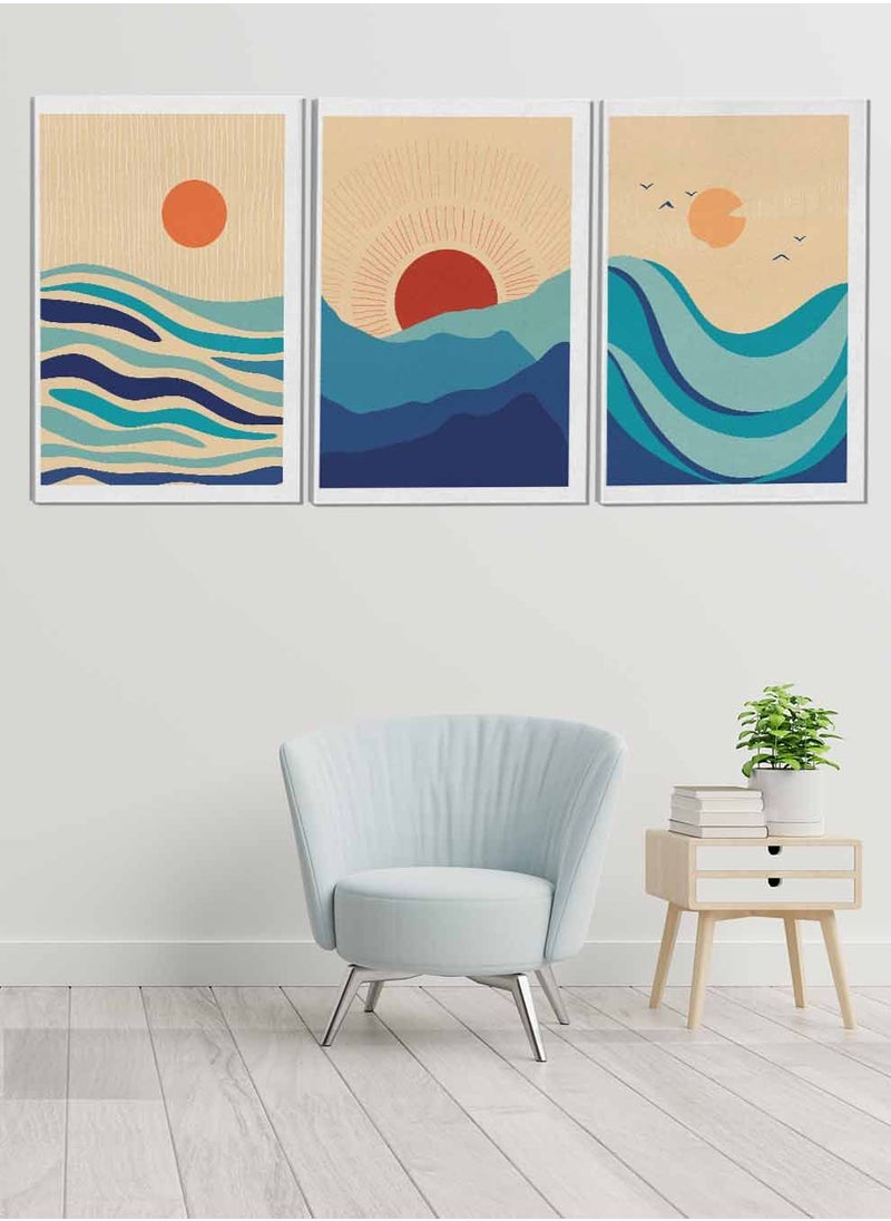 LOWHA Set Of 3 Framed Canvas Wall Arts Stretched Over Wooden Frame Sea Mountain Sun Bird Abstract Paintings For Home Living Room Office Decor  - Image 1