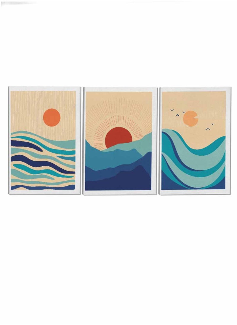 LOWHA Set Of 3 Framed Canvas Wall Arts Stretched Over Wooden Frame Sea Mountain Sun Bird Abstract Paintings For Home Living Room Office Decor  - Image 4