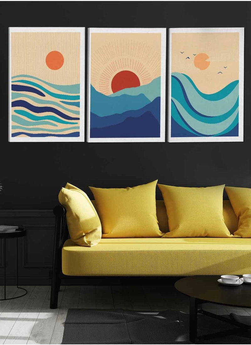 LOWHA Set Of 3 Framed Canvas Wall Arts Stretched Over Wooden Frame Sea Mountain Sun Bird Abstract Paintings For Home Living Room Office Decor  - Image 3