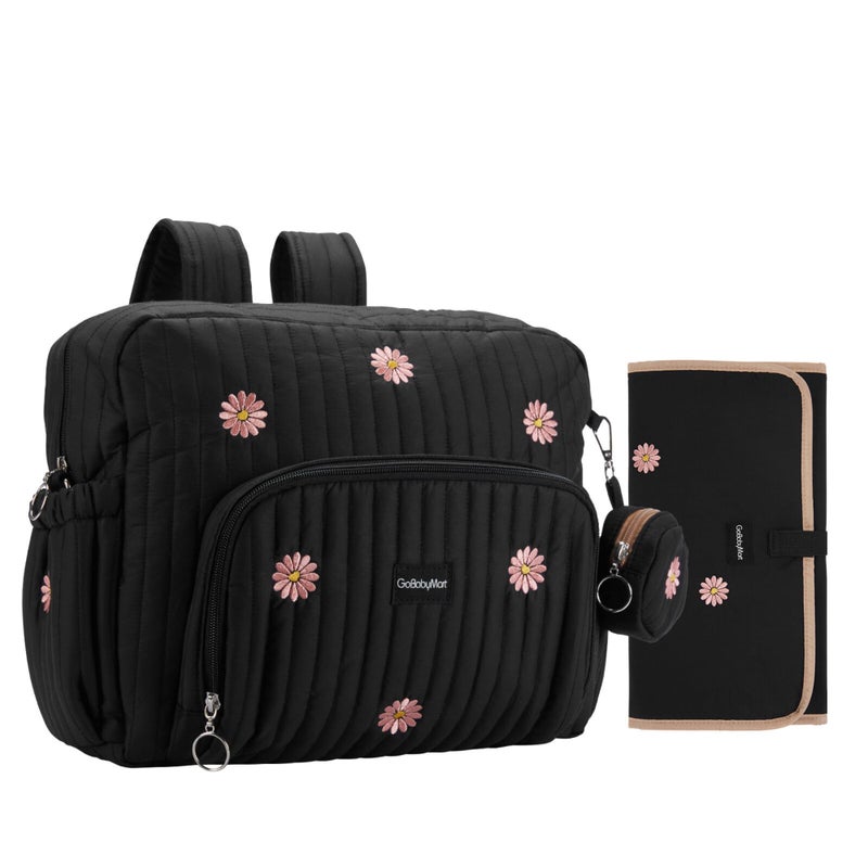 GOBABYMART Diaper Bag Backpack Medium Maternity baby bag Changing Pad Insulated Pockets Stroller Straps Pacifier Case Medium Black Flowers - Image 2
