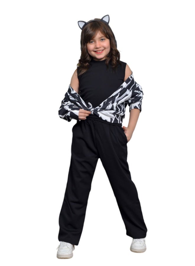 طقم ملابس موضة للأطفال، صدرية مربعة مع بنطلون، قطن، راحة رياضية للبنات - أسود