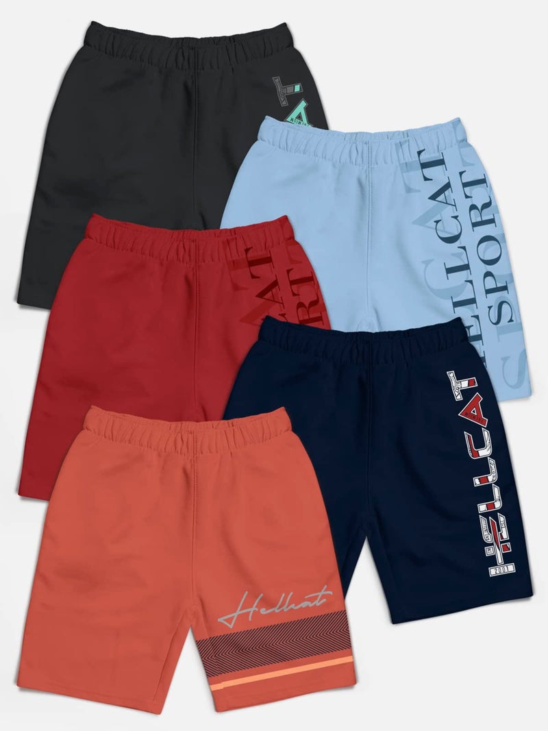 HELLCAT Pack of 5 Trendy Typographic Printed Mid Rise Shorts for Boys - Orange/Navy Blue/Maroon/Sky Blue/Grey / 9-10 Years - Image 2