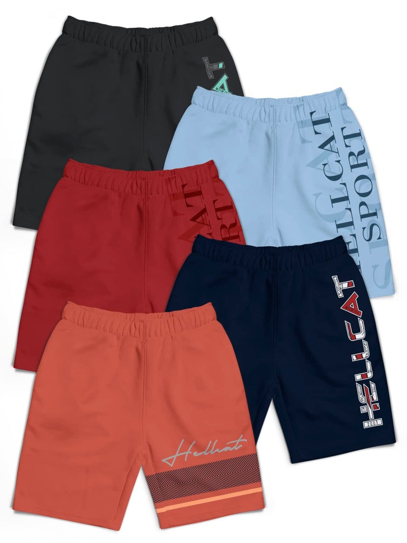 HELLCAT Pack of 5 Trendy Typographic Printed Mid Rise Shorts for Boys - Orange/Navy Blue/Maroon/Sky Blue/Grey / 9-10 Years - Image 1