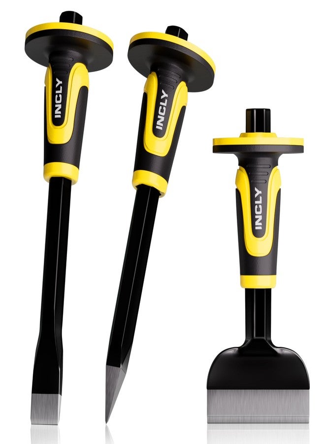 INCLY 3PCS Masonry Chisel Set with Hand Guard, Stone and Rock Chisel, Heavy Duty Concrete Chisel Tools Including 11 Inch Point & Flat, 8 Inch Brick Chisels for Breaking Splitting Cutting - Image 1