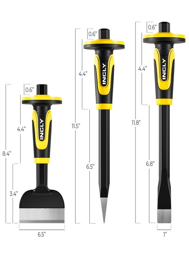 INCLY 3PCS Masonry Chisel Set with Hand Guard, Stone and Rock Chisel, Heavy Duty Concrete Chisel Tools Including 11 Inch Point & Flat, 8 Inch Brick Chisels for Breaking Splitting Cutting - Image 2