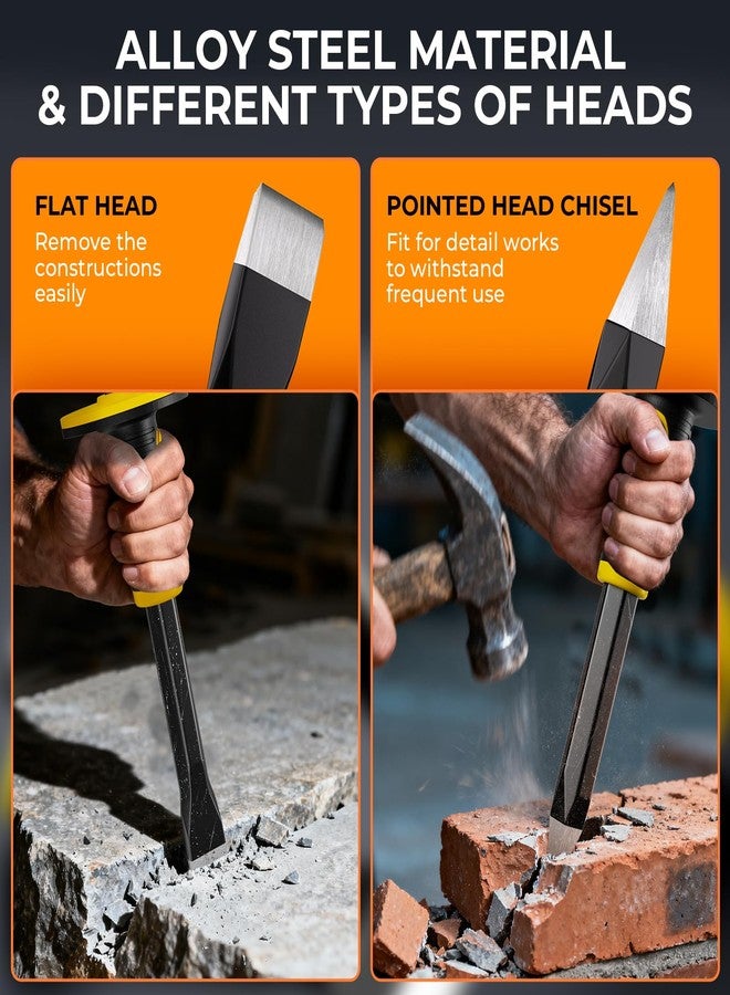 INCLY 3PCS Masonry Chisel Set with Hand Guard, Stone and Rock Chisel, Heavy Duty Concrete Chisel Tools Including 11 Inch Point & Flat, 8 Inch Brick Chisels for Breaking Splitting Cutting - Image 4