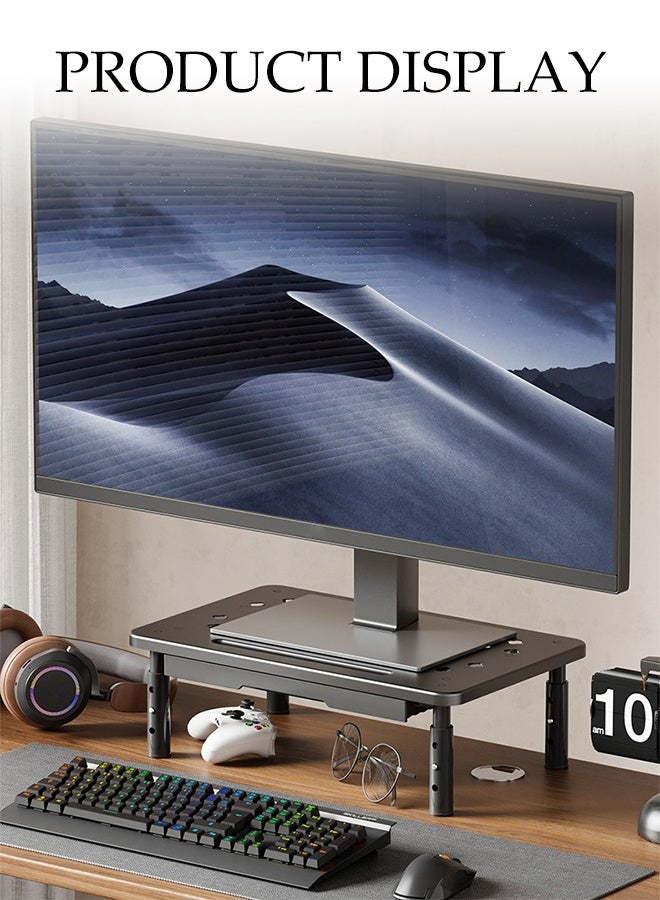 DUNISO Monitor Stand Riser with Storage Drawer,Height Adjustable Computer Stand,Multi-Functional Desktop Organizer,3 Gears Adjustable,Save Space,for Computer,Desktop,Laptop,Black - Image 3