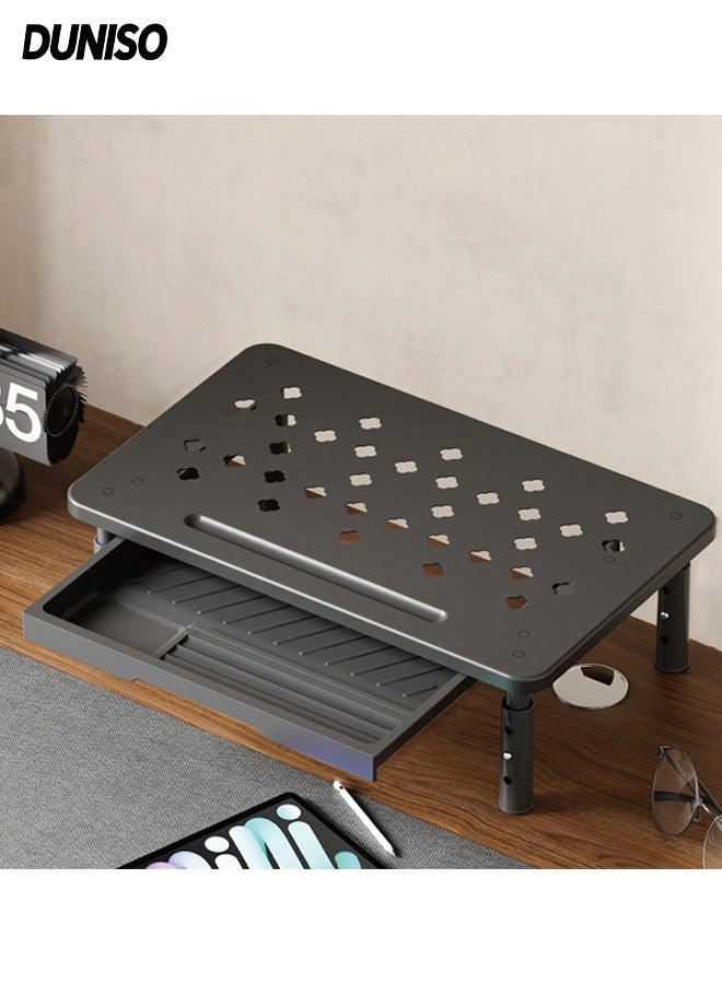 DUNISO Monitor Stand Riser with Storage Drawer,Height Adjustable Computer Stand,Multi-Functional Desktop Organizer,3 Gears Adjustable,Save Space,for Computer,Desktop,Laptop,Black