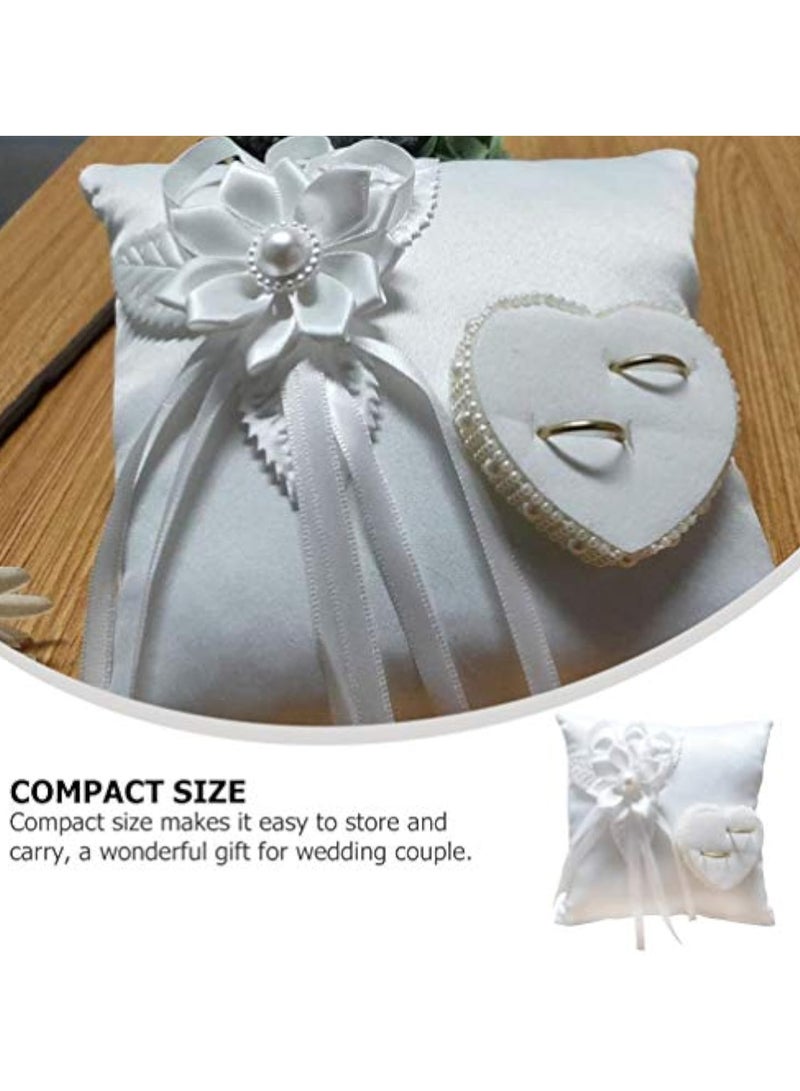 Wedding Ring Pillow, Lace Pearl Wedding Ring Bearer Pillow Holder Cushion, Square Flower Bud Ring Pillow, 7.9 Inch Ring Bearer, for Wedding Party, White  - Image 3