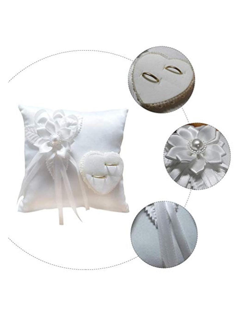 Wedding Ring Pillow, Lace Pearl Wedding Ring Bearer Pillow Holder Cushion, Square Flower Bud Ring Pillow, 7.9 Inch Ring Bearer, for Wedding Party, White  - Image 4