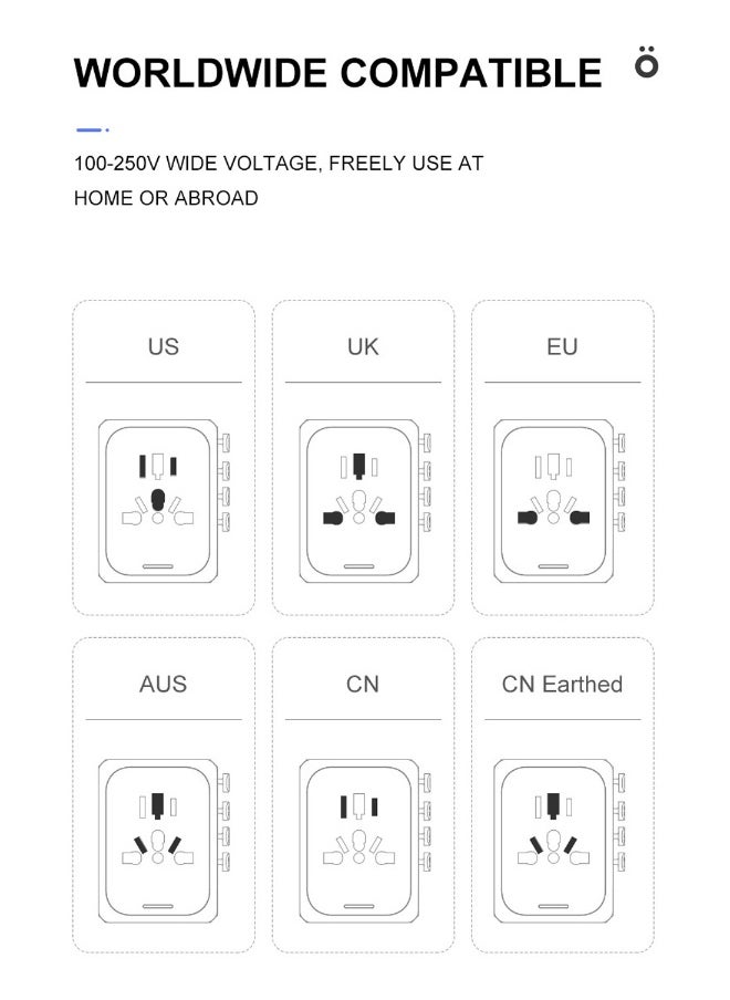 ماركة غير محددة محول سفر عالمي، شاحن دولي، محول طاقة، شاحن حائط مع 3 منافذ USB و1 مدخل Type-C للولايات المتحدة، الاتحاد الأوروبي، المملكة المتحدة، أستراليا باللون الأسود  - Image 3