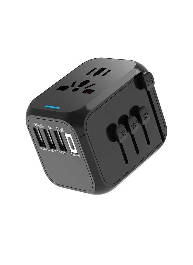 ماركة غير محددة محول سفر عالمي، شاحن دولي، محول طاقة، شاحن حائط مع 3 منافذ USB و1 مدخل Type-C للولايات المتحدة، الاتحاد الأوروبي، المملكة المتحدة، أستراليا باللون الأسود  - Image 1