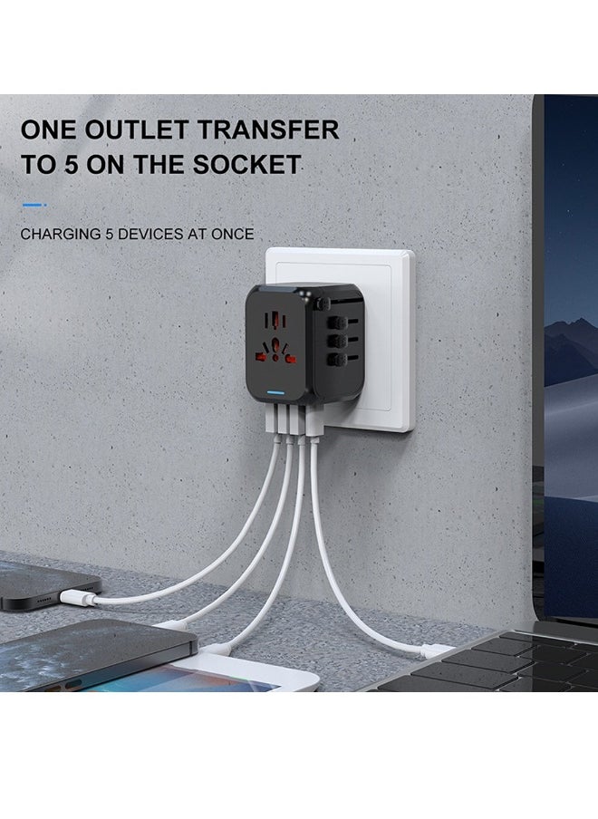 ماركة غير محددة محول سفر عالمي، شاحن دولي، محول طاقة، شاحن حائط مع 3 منافذ USB و1 مدخل Type-C للولايات المتحدة، الاتحاد الأوروبي، المملكة المتحدة، أستراليا باللون الأسود  - Image 4