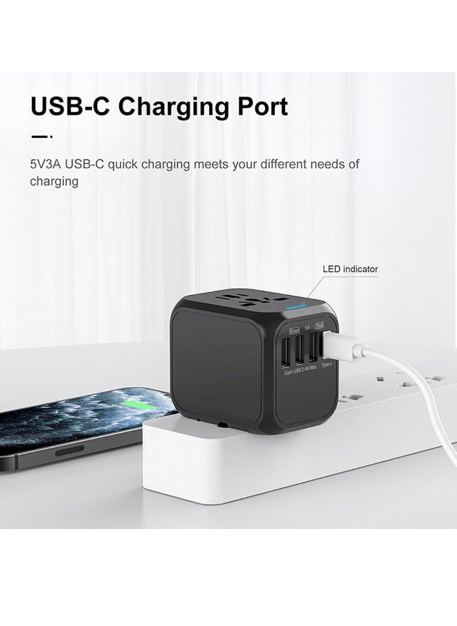 ماركة غير محددة محول سفر عالمي، شاحن دولي، محول طاقة، شاحن حائط مع 3 منافذ USB و1 مدخل Type-C للولايات المتحدة، الاتحاد الأوروبي، المملكة المتحدة، أستراليا باللون الأسود  - Image 5