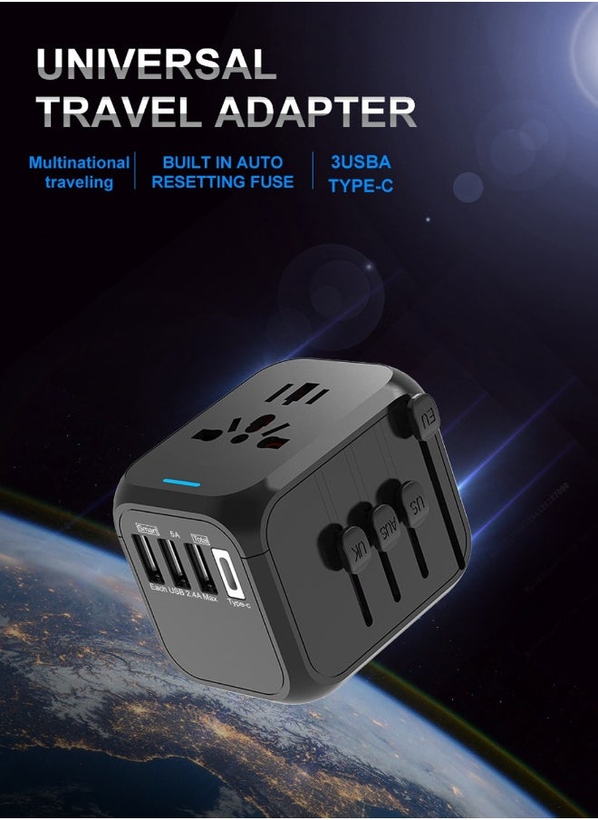 ماركة غير محددة محول سفر عالمي، شاحن دولي، محول طاقة، شاحن حائط مع 3 منافذ USB و1 مدخل Type-C للولايات المتحدة، الاتحاد الأوروبي، المملكة المتحدة، أستراليا باللون الأسود  - Image 2