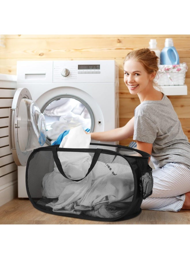 سلال الغسيل القابلة للطي المتينة ، الشبكة المنبثقة لغسيل الملابس مع الجيب الجانبي ، الملابس القابلة للطي مع مقبضات حمل معززة لغسيل الملابس ، الحمام ، غرفة الأطفال ، السكن أو السفر 2 حزمة أسود - Image 3