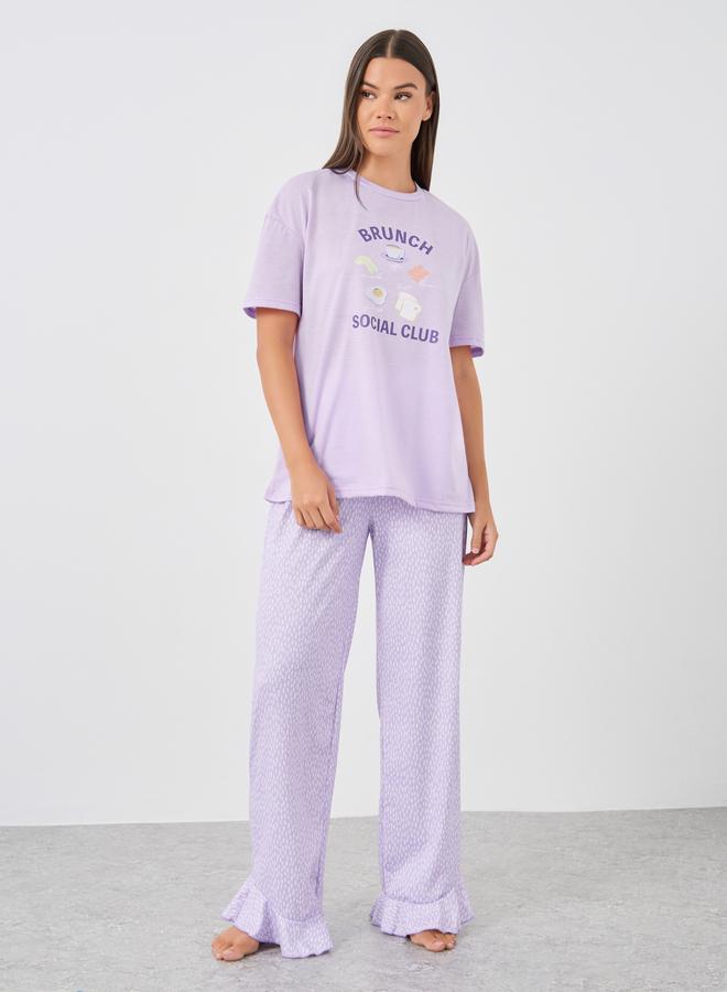 Styli Slogan Print Short Sleeve T-Shirt and Pyjama Set - Image 2