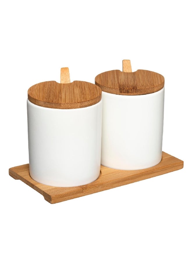 حامل ماكينة تحضير وعاء تخزين خزفي مكون من قطعتين مع أغطية من البامبو باللونين الأبيض والبني 179612 - Image 1