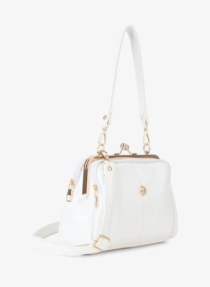 Women's White Butterfly Gold-Accented 4-Compartment Flap and Zipper Closure Hand, Arm and Shoulder Bag.