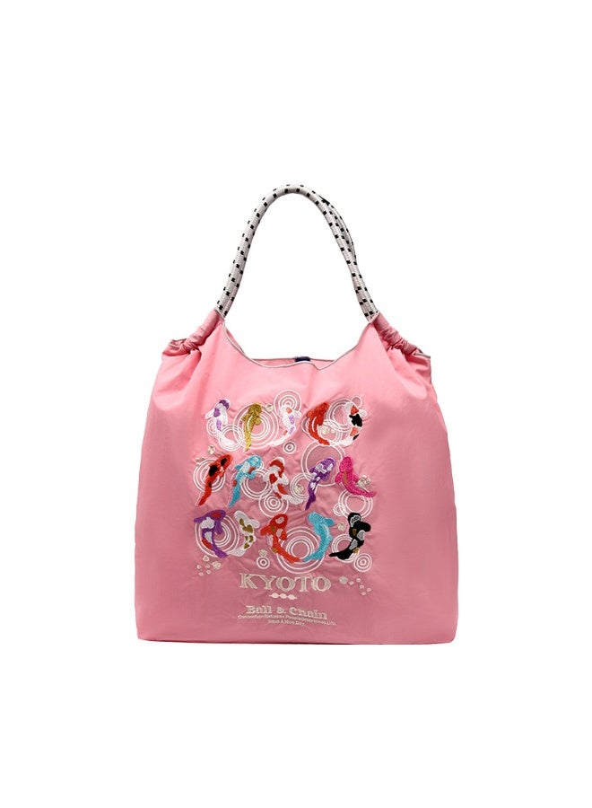 Ballchain Japanese Nylon Cloth Handheld Large Capacity Canvas Bag Nylon Embroidered Shopping Bag (Pink Koi))