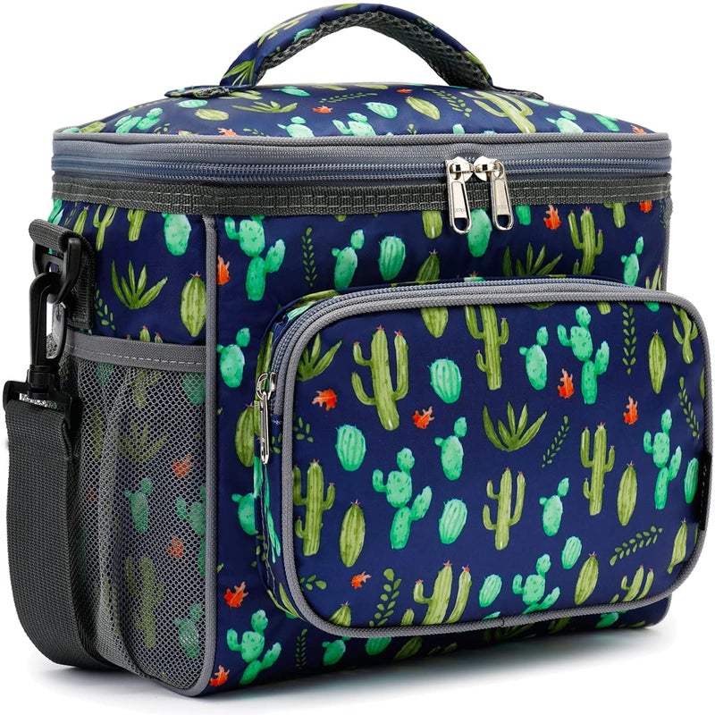 FlowFly Insulated Reusable Lunch Bag Adult Large Lunch Box for Women and Men with Adjustable Shoulder StrapFront Zipper Pocket and Dual Large Mesh Side PocketsCactus
