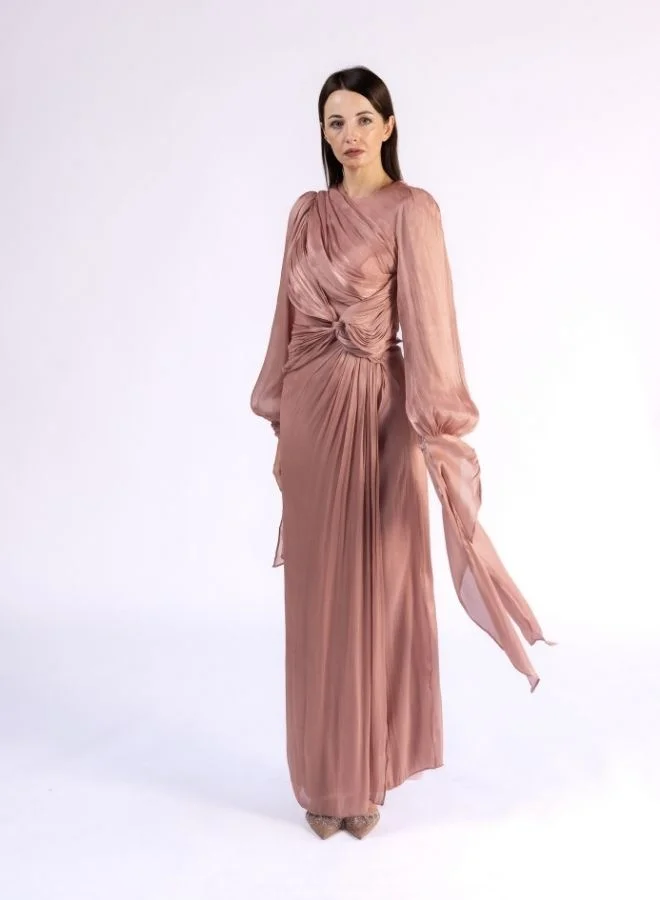 Fashonara Naughted Draped and Layered Bow Sleeve Modest Dress