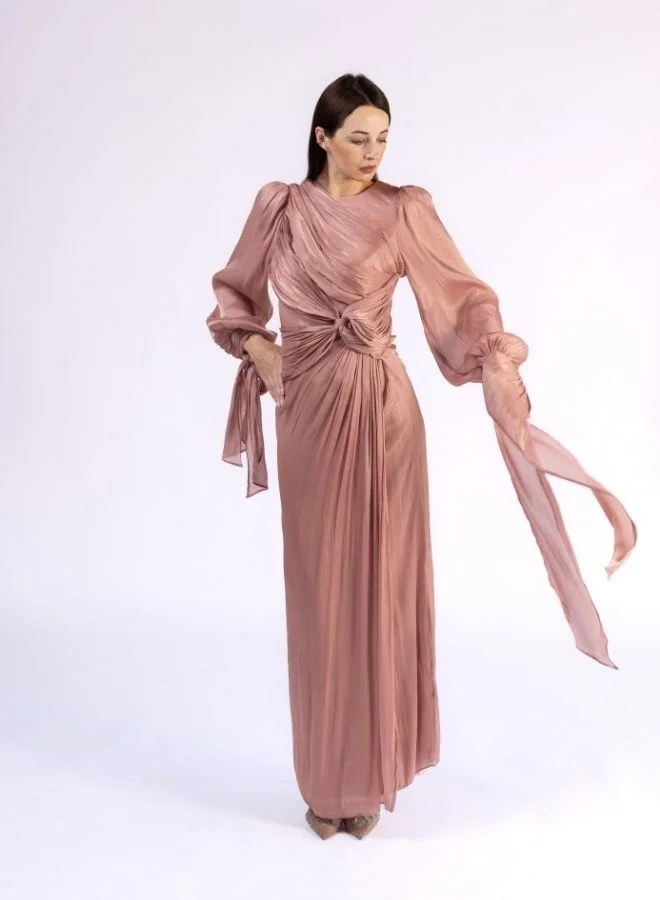 Fashonara Naughted Draped and Layered Bow Sleeve Modest Dress
