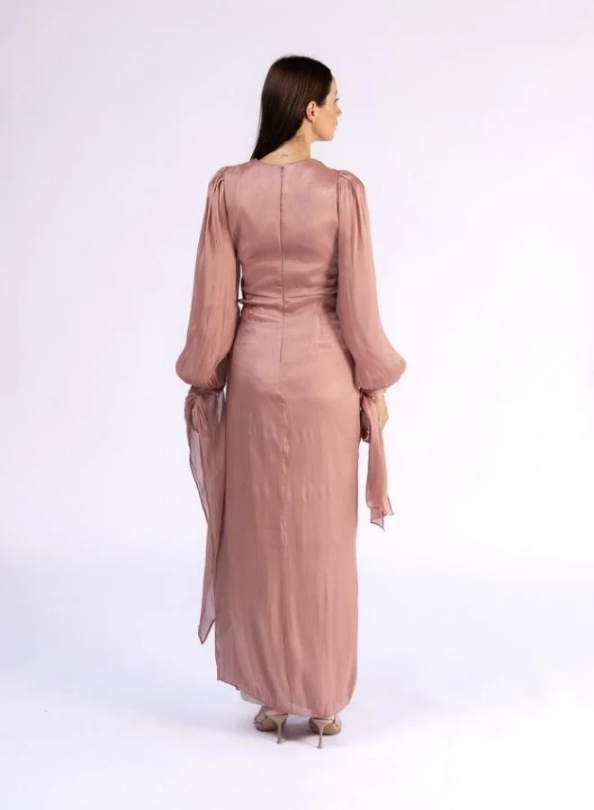 Fashonara Naughted Draped and Layered Bow Sleeve Modest Dress