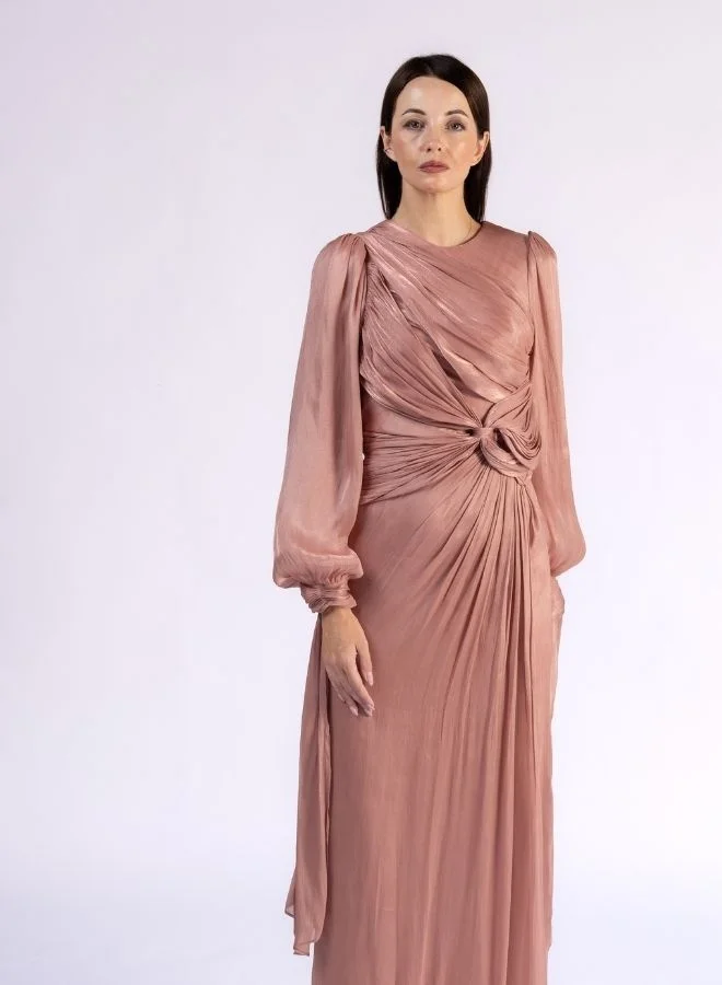 Fashonara Naughted Draped and Layered Bow Sleeve Modest Dress