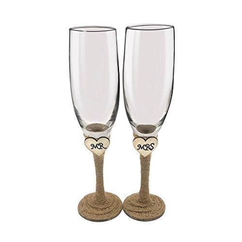 senover Set of 2 Rustic Champagne Flute Glasses,Mr and Mrs Champagne Glasses,Bride and Groom Wedding Toasting Glasses Drinking Glasses Engraved Heart for Engagement Wedding Gift Anniversary Present - Image 1