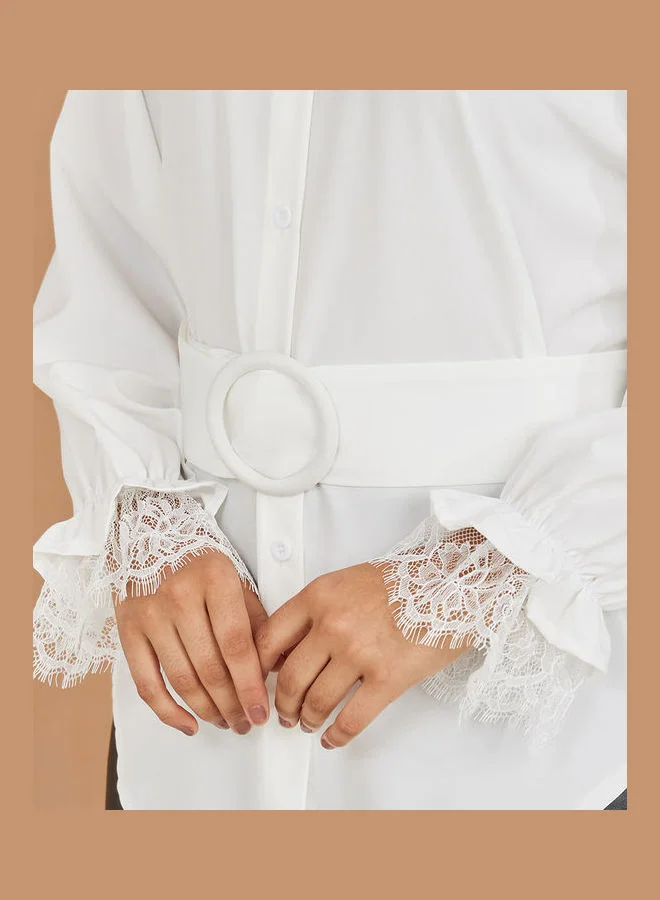 Styli Long Sleeves Lace Insert Longline Shirt with Belt