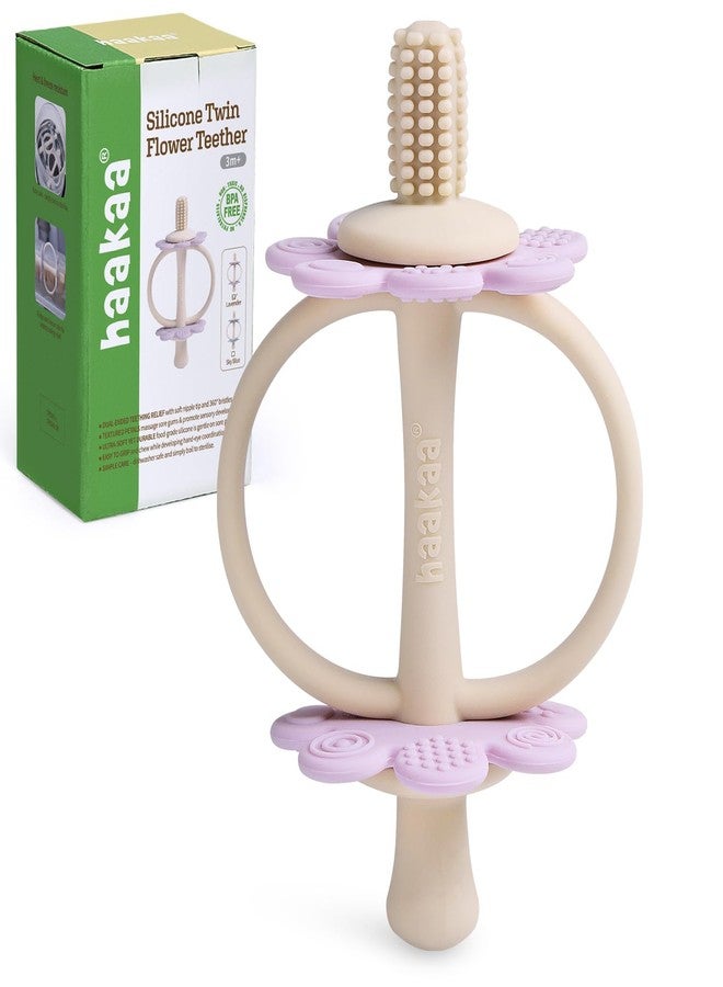 haakaa Silicone Twin Flower Teether,Nipple-Shaped End for Gum Massage,360° Baby Toothbrush Head for Self-Brushing Training,Easy to Grip - Lavender - Image 1