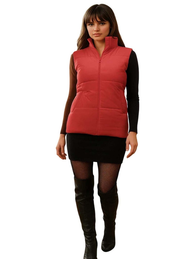 KOTTY Women's Solid Sleeveless Stone Red Zipper Puffer Jacket (Red,L)-KTTFKPUFFERJACKET180L - Image 1