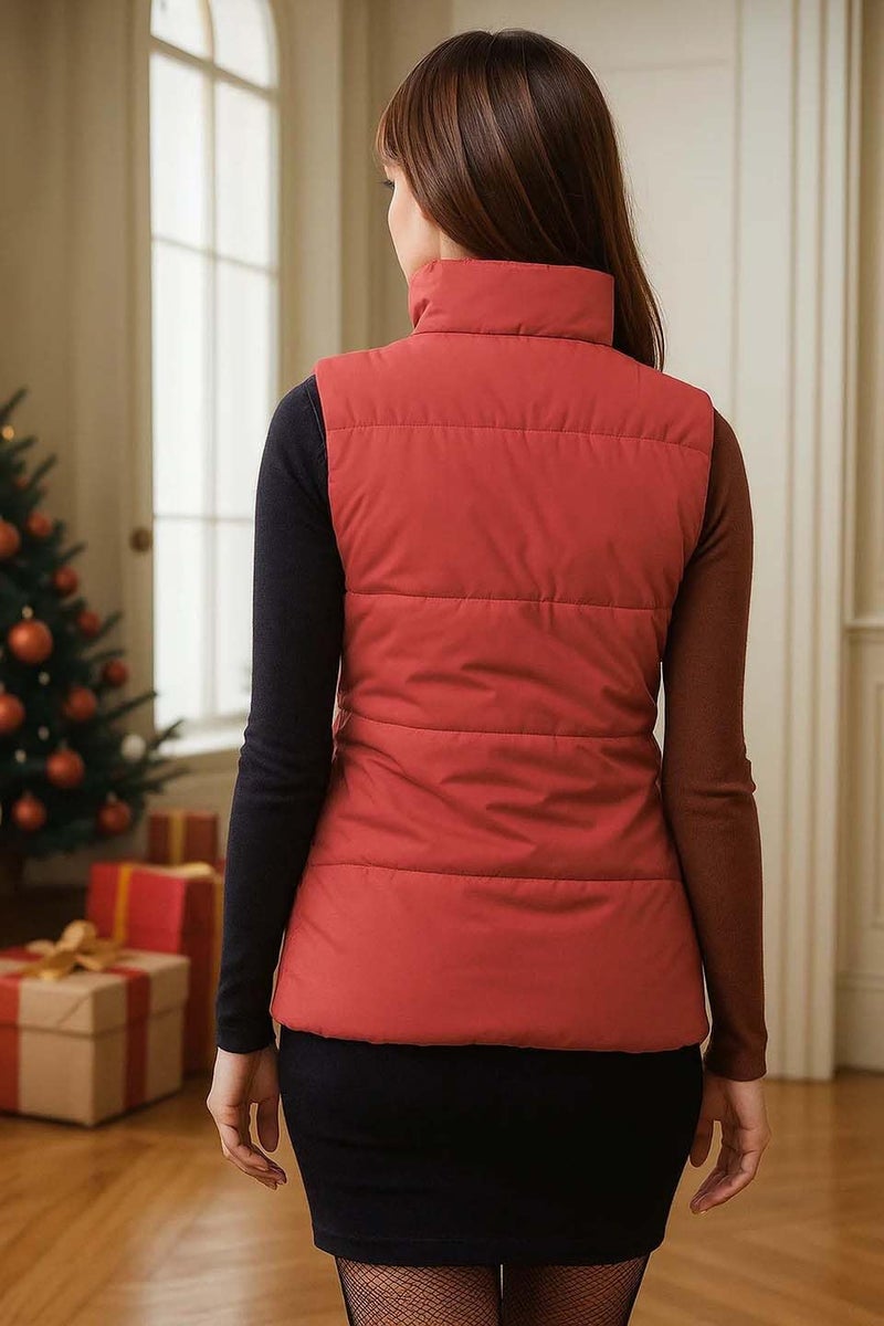 KOTTY Women's Solid Sleeveless Stone Red Zipper Puffer Jacket (Red,L)-KTTFKPUFFERJACKET180L - Image 5