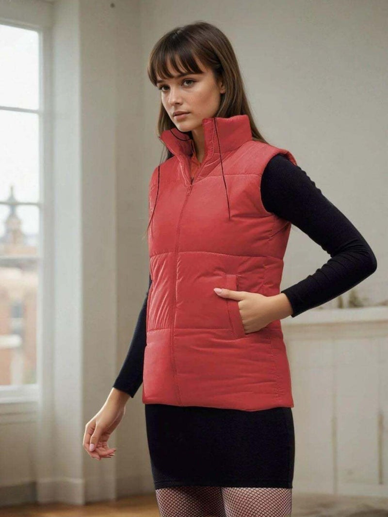 KOTTY Women's Solid Sleeveless Stone Red Zipper Puffer Jacket (Red,L)-KTTFKPUFFERJACKET180L - Image 2