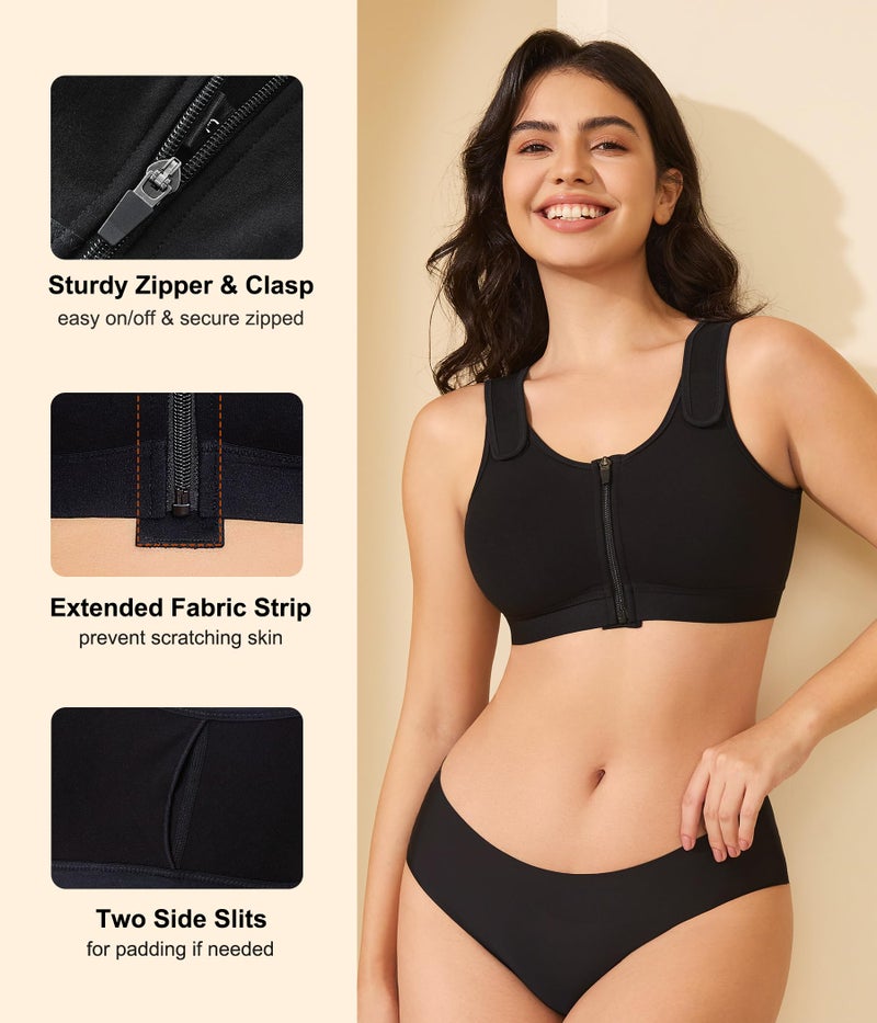 CYDREAM Zip Front Closure Wireless Bras for Women Full Coverage Post Surgery Compression Back Smoothing Comfort Adjustable (US, Alpha, Large, Regular, Regular, Black) - Image 4