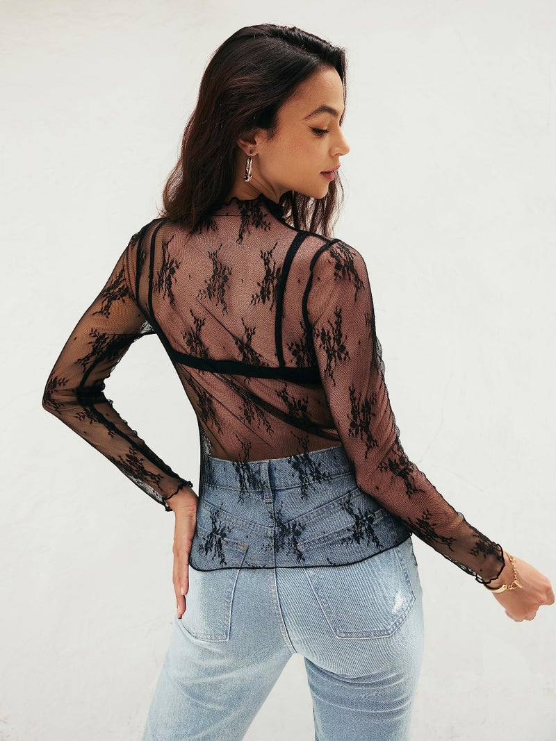 MEROKEETY Womens 2025 Lace Mesh Sheer Long Sleeve Top Sexy Y2k Mock Neck See Through Shirt Blouses, Black, X-Large - Image 4