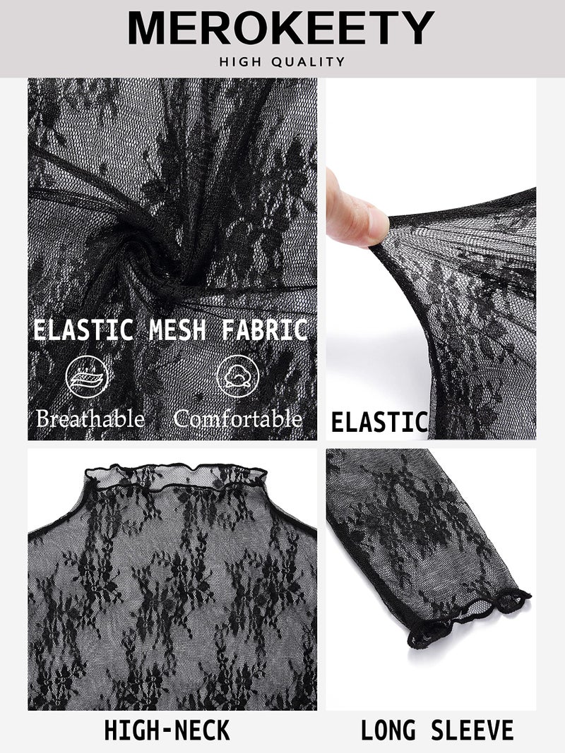 MEROKEETY Womens 2025 Lace Mesh Sheer Long Sleeve Top Sexy Y2k Mock Neck See Through Shirt Blouses, Black, X-Large - Image 5