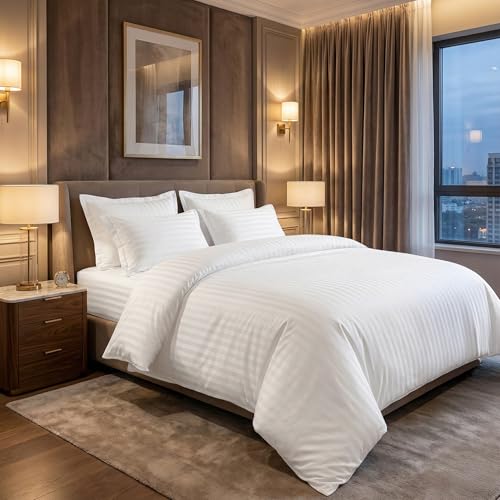 LINENWALAS Cotton 300 TC Fitted Bed Sheet for King Size Bed | Signature 2 CM Sateen Stripe Design |All-Around Elastic for 4–8 Inch Mattresses | Luxury Hotel-Style Bedding (72 x 78, White) - Image 2