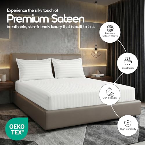 LINENWALAS Cotton 300 TC Fitted Bed Sheet for King Size Bed | Signature 2 CM Sateen Stripe Design |All-Around Elastic for 4–8 Inch Mattresses | Luxury Hotel-Style Bedding (72 x 78, White) - Image 5