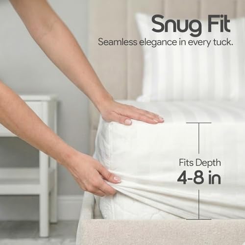 LINENWALAS Cotton 300 TC Fitted Bed Sheet for King Size Bed | Signature 2 CM Sateen Stripe Design |All-Around Elastic for 4–8 Inch Mattresses | Luxury Hotel-Style Bedding (72 x 78, White) - Image 4