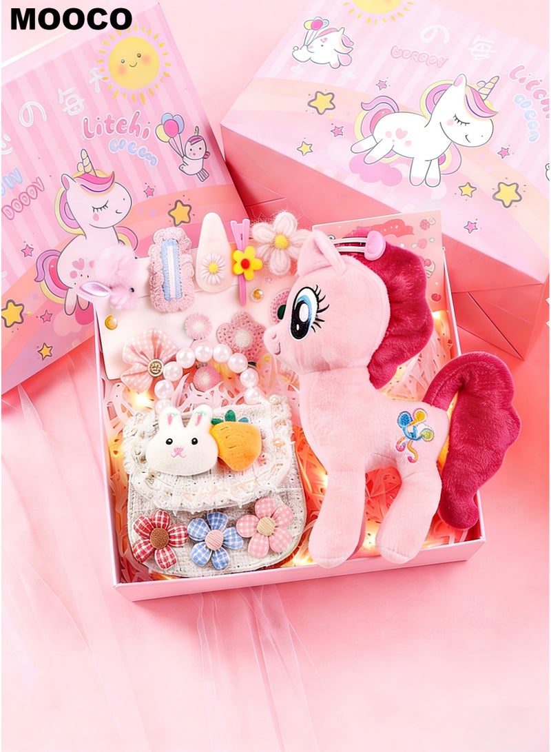 MOOCO Unicorn Gift Set for Girls,Birthday Gift Boxes for Kids Contains(Unicorn Toy,Mini Pearl Handbags,9 Pcs Children Hairpin),Ramadan Gift Set for Her,Ramadan Gift Basket for Family Members,Back to School Gifts,Graduation Gifts, Ramadan Festival Gift,Girl's New Year Gift and Toy Gift Sets for Girls Ages 3 to 12,Pink - Image 1