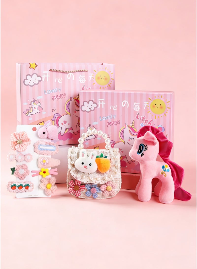 MOOCO Unicorn Gift Set for Girls,Birthday Gift Boxes for Kids Contains(Unicorn Toy,Mini Pearl Handbags,9 Pcs Children Hairpin),Ramadan Gift Set for Her,Ramadan Gift Basket for Family Members,Back to School Gifts,Graduation Gifts, Ramadan Festival Gift,Girl's New Year Gift and Toy Gift Sets for Girls Ages 3 to 12,Pink - Image 2