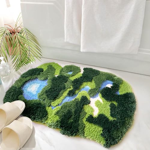 THRILRUG 20"×35" Moss Fluffy Rug,Funny Bath,Mat Rugs Runner for Bedside Dorm Bedroom Hallways Shag Leaf Area Rugs Non Slip,Ultra Soft Washable Kids Pets Carpet for Bedroom,Living Room Forest Green - Image 1