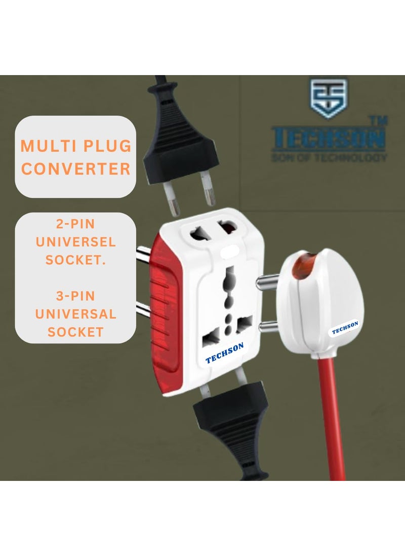 TECHSON TECHSON 6A 3 Pin Multi Plug Socket Travel Adapter with Universal Socket Pack of1 3 Pin Multi Plug Extension SocketWhite and Red  - Image 4