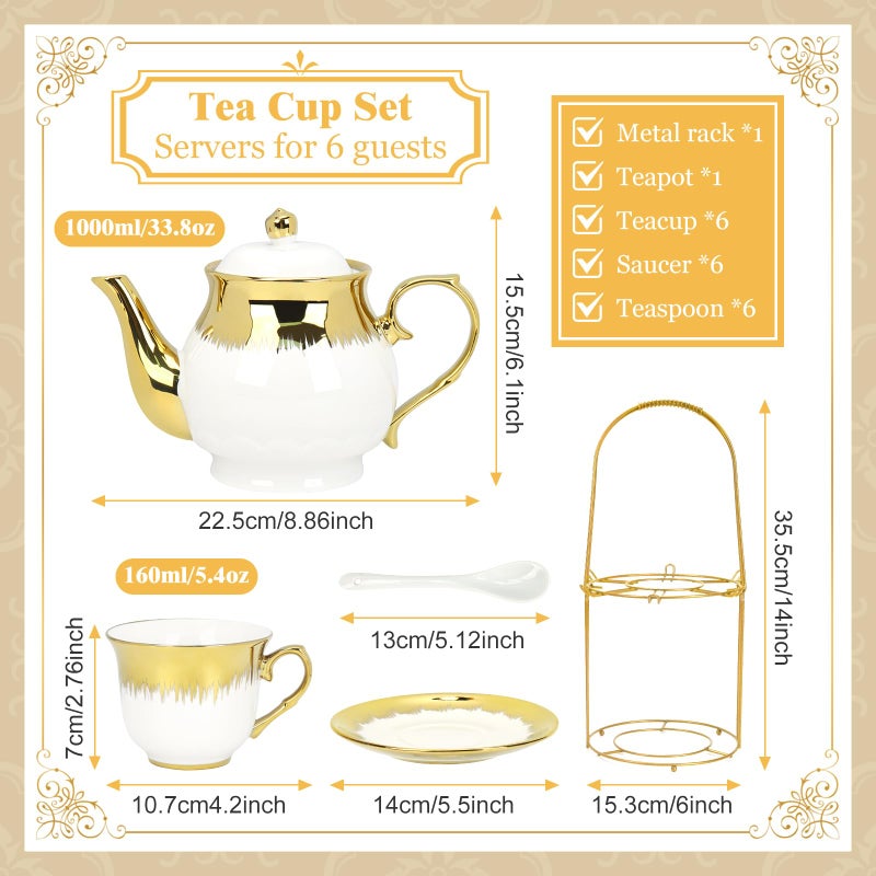 Hebaogugu Porcelain Tea Set, Large Ceramic Tea Set for Adults with Metal Holder, 20 Pcs European Tea Cup Set, Luxury Adult Tea Sets Gift, Gold Trim Tea Cup Saucer Sets for Party Deco,1000ML (Gold Trim) - Image 3